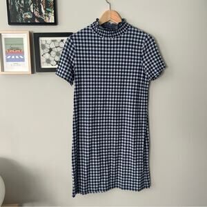Zara Trafaluc Gingham Mini Dress Ruffle Neck Short Sleeve Navy Blue White Size S